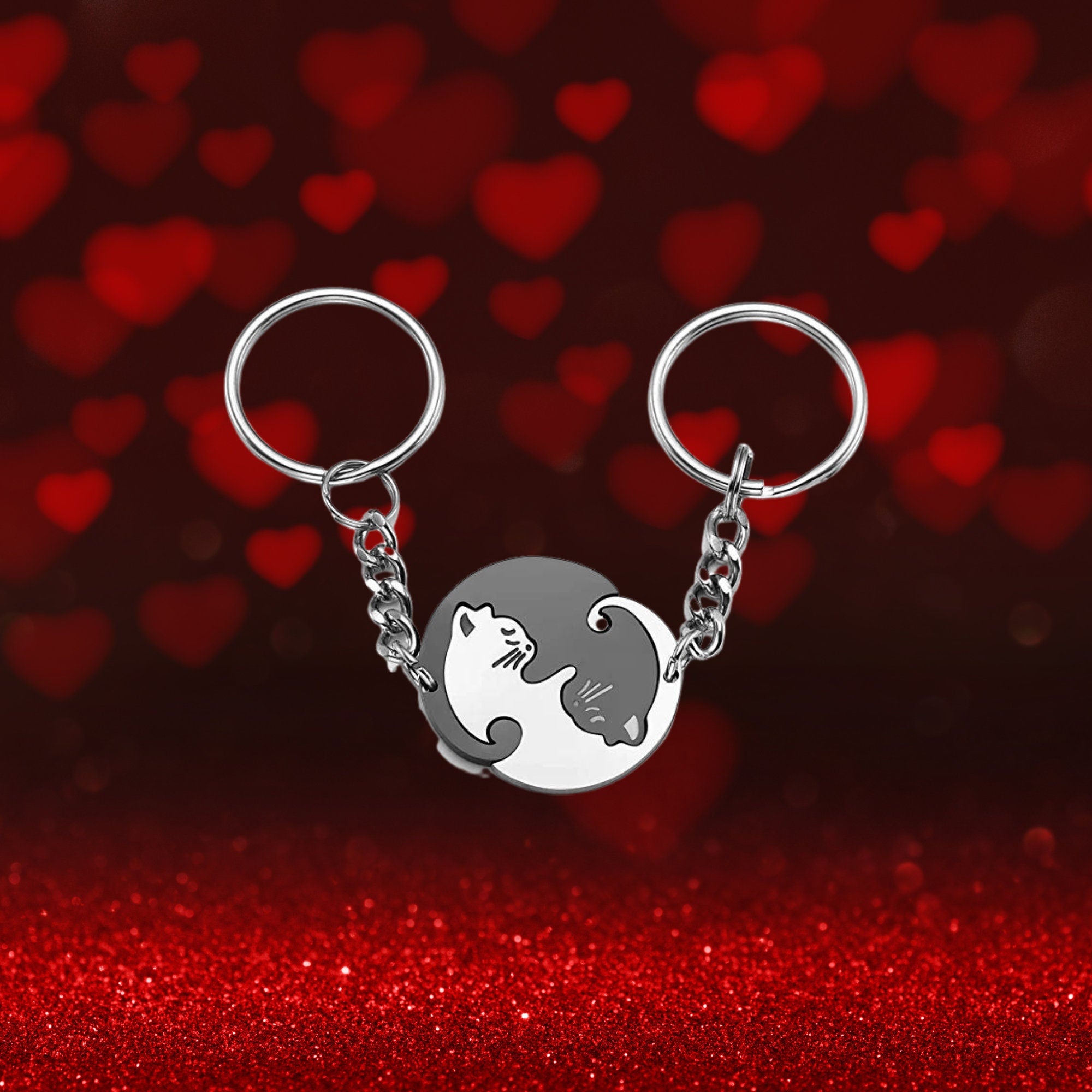 Personalized Keychain Couple Engraved, Cute Puzzle Cat Pendant Set, Valentine&