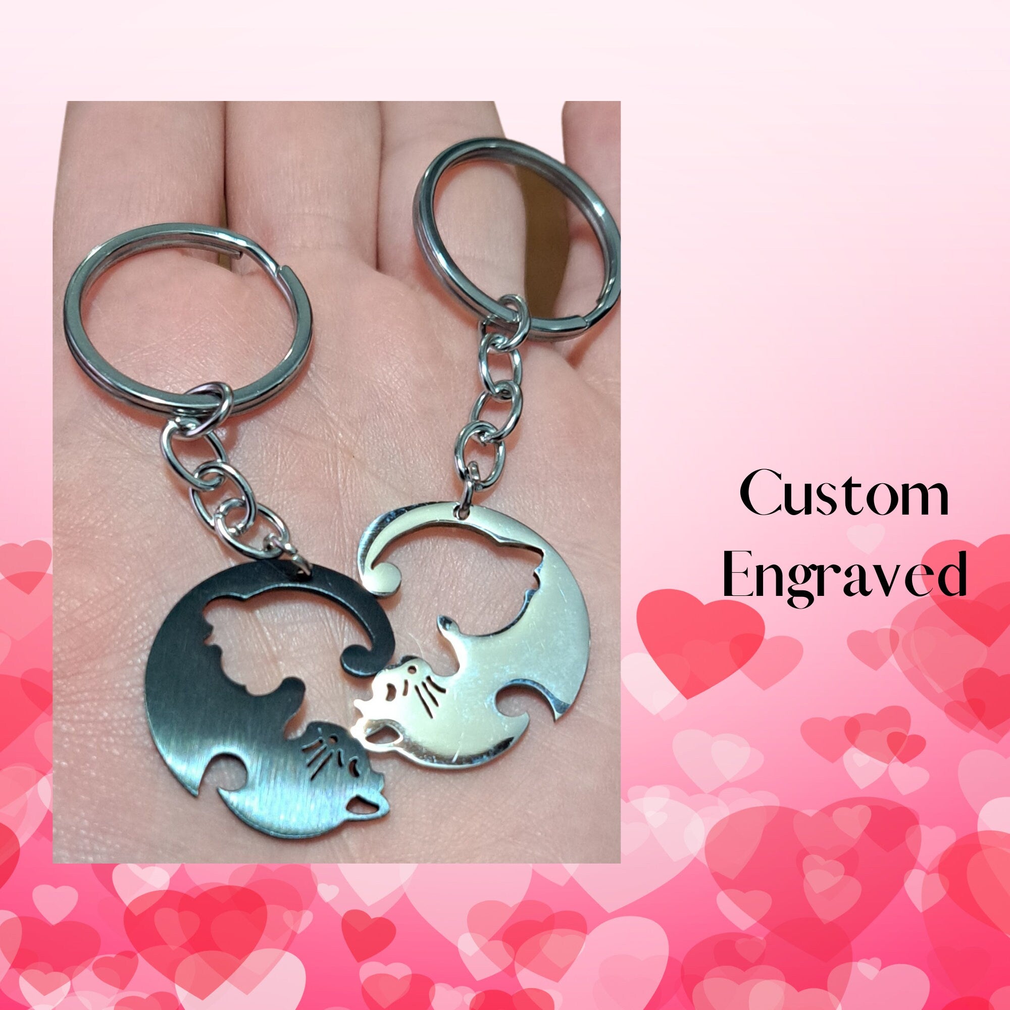 Personalized Cat Keychain, Couple Engraved, Cute Puzzle Cat Pendant Set, Valentine&