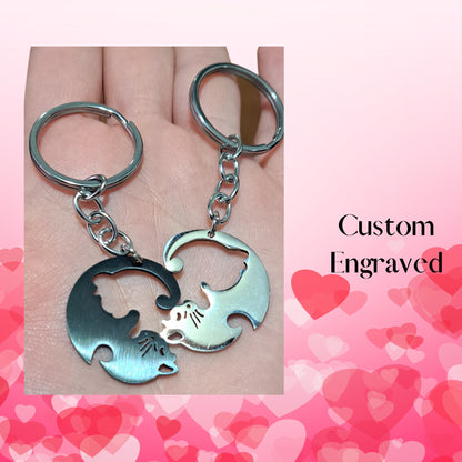 Personalized Cat Keychain, Couple Engraved, Cute Puzzle Cat Pendant Set, Valentine&