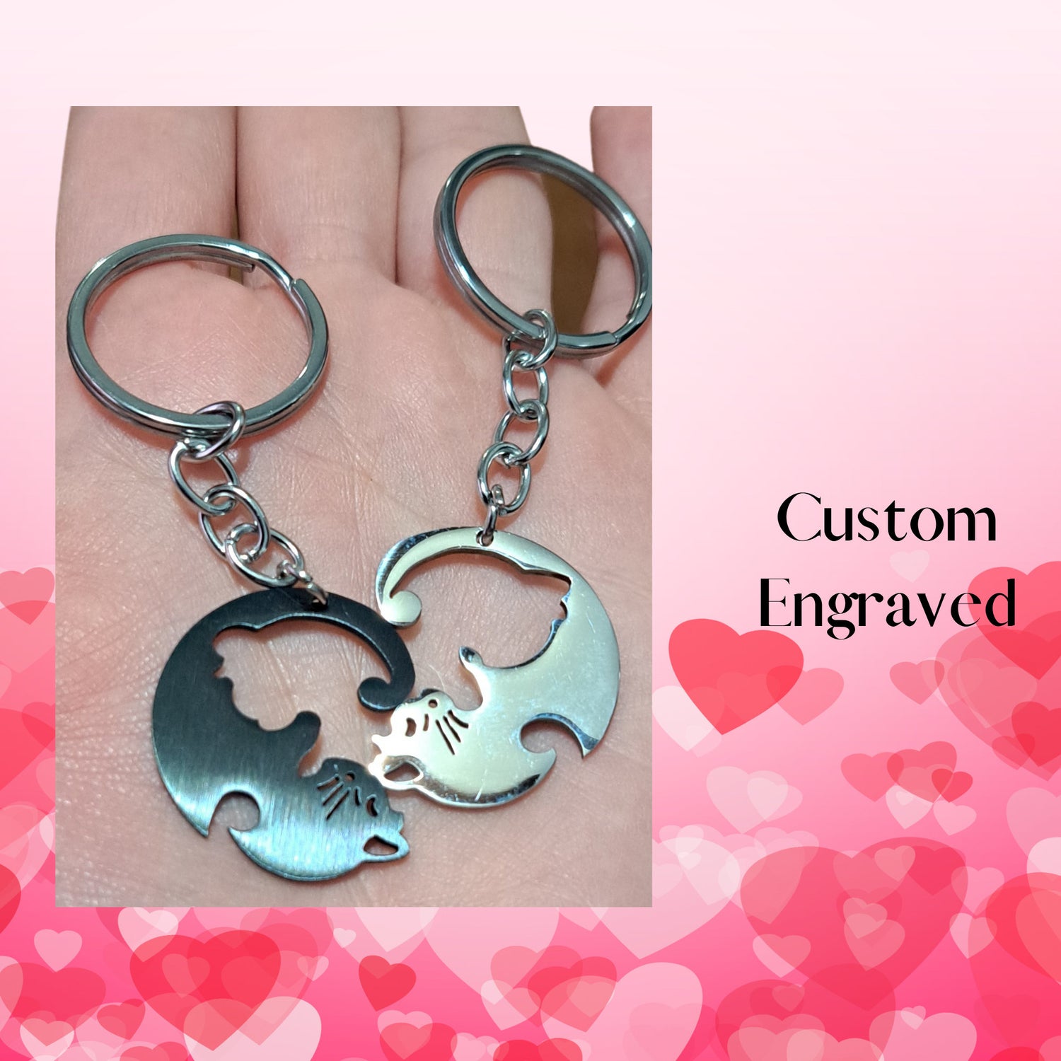 Personalized Keychain Couple Engraved, Cute Puzzle Cat Pendant Set, Wedding Gift, Long Distance Relationship Gift for Boyfriend