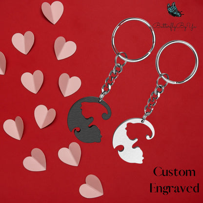 Personalized Keychain Couple Engraved, Cute Puzzle Cat Pendant Set, Valentine&