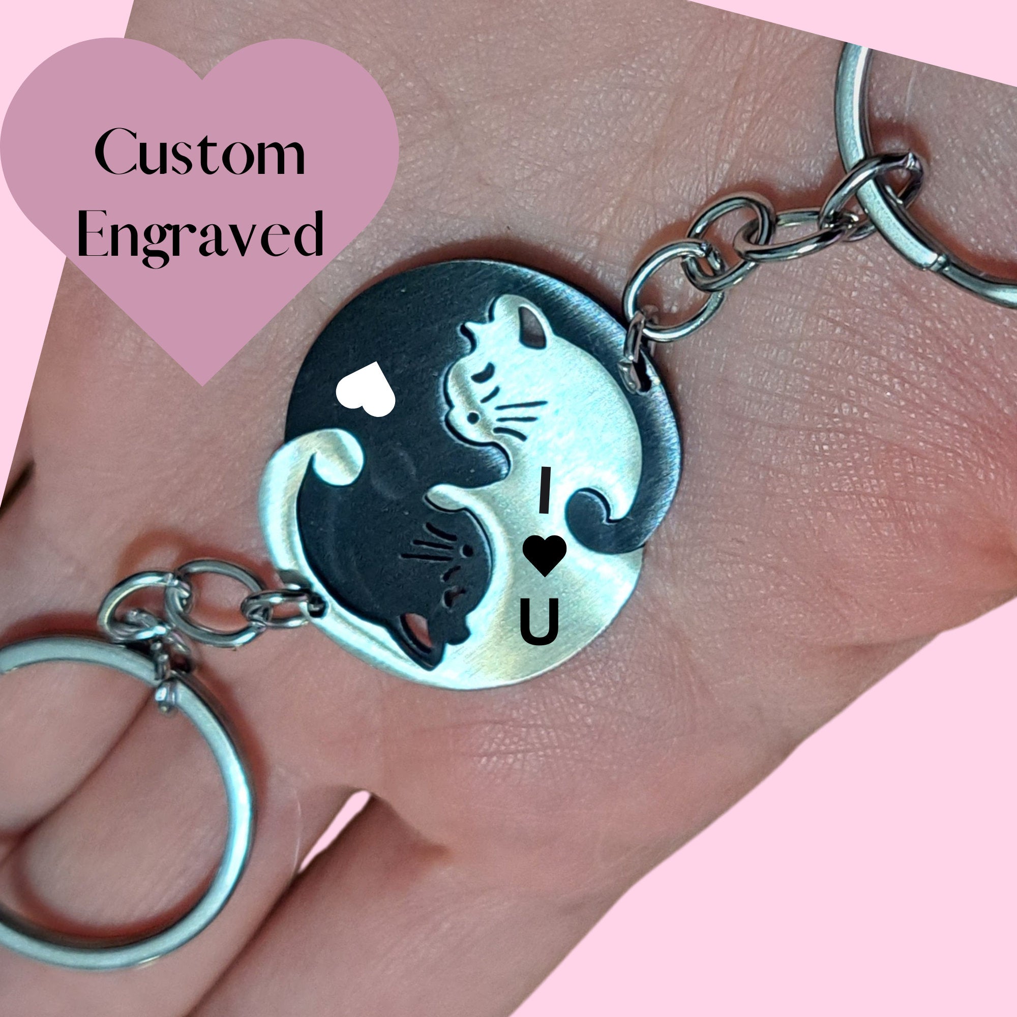 Personalized Cat Keychain, Couple Engraved, Cute Puzzle Cat Pendant Set, Valentine&