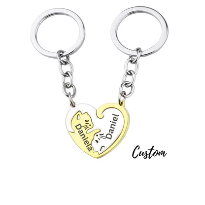 Couples Keychain Gift, Personalized Keychain, Couple  Engraved, Cute Cat Keychain Set , Puzzle Cat Pendant Keychain, Mother&