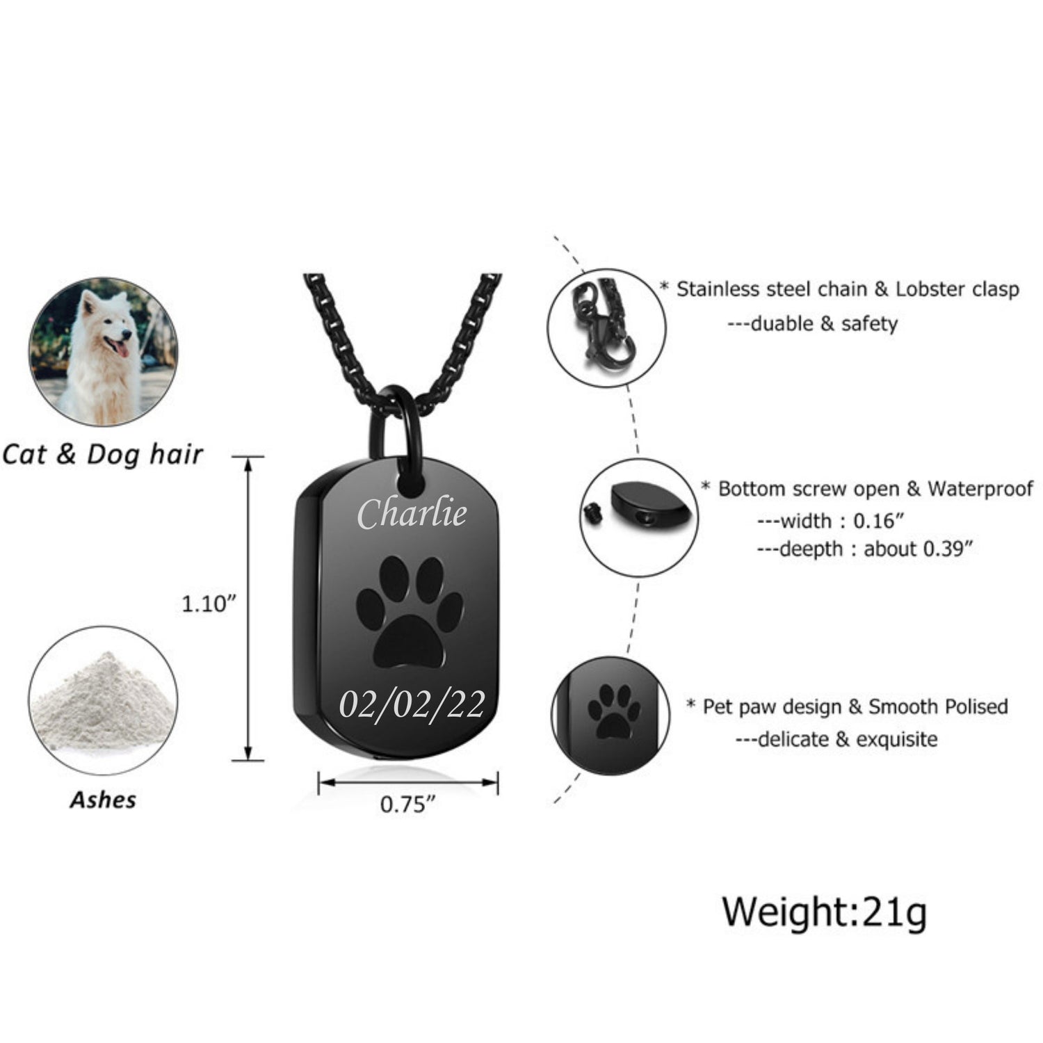 Dog Paw Cremation Necklace Custom Jewelry Stainless Steel Ash Urn Pendant