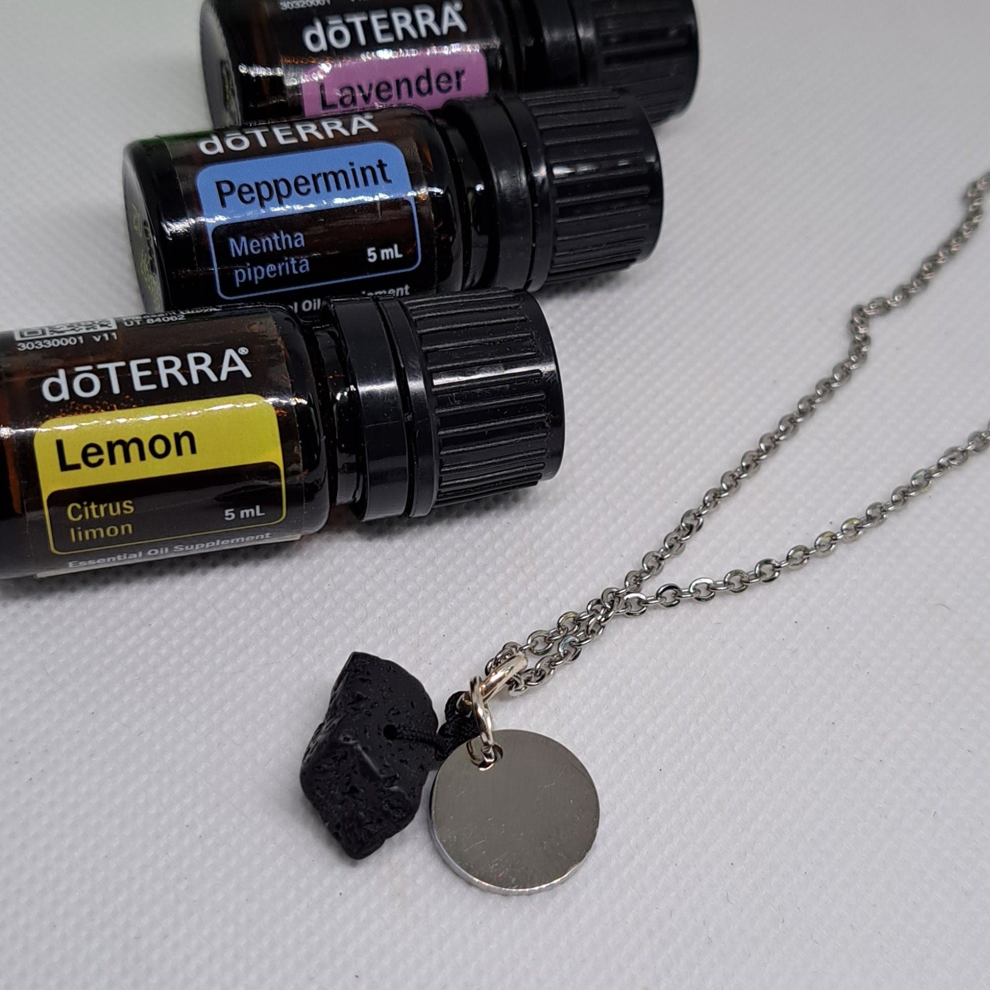 Personalized  Charm Essential Oil Diffuser Necklace Black Lava Stone/Rock Necklace, Initial Charm, Aromatherapy Jewelry and Gifts For Women