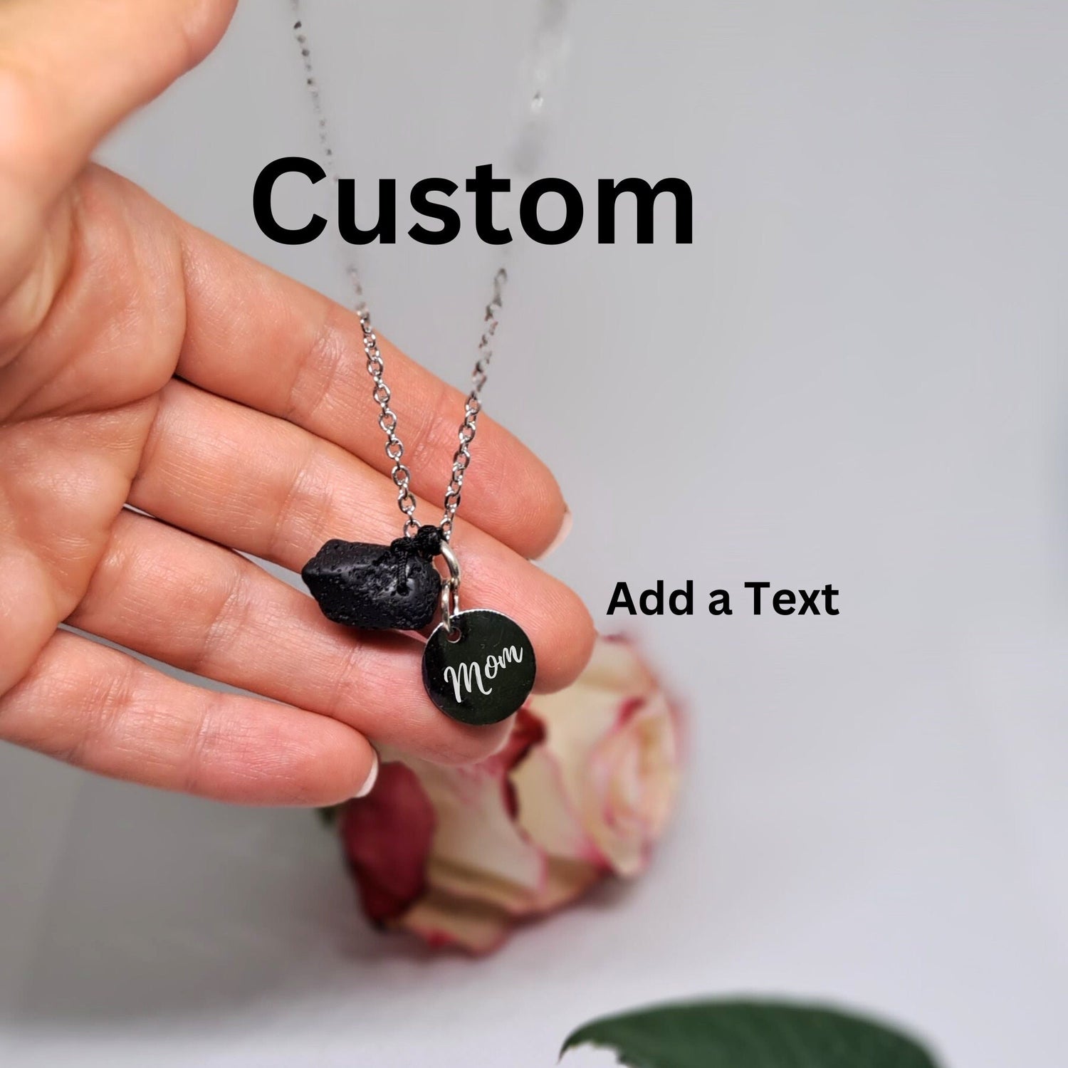 Personalized  Charm Essential Oil Diffuser Necklace Black Lava Stone/Rock Necklace, Initial Charm, Aromatherapy Jewelry and Gifts For Women