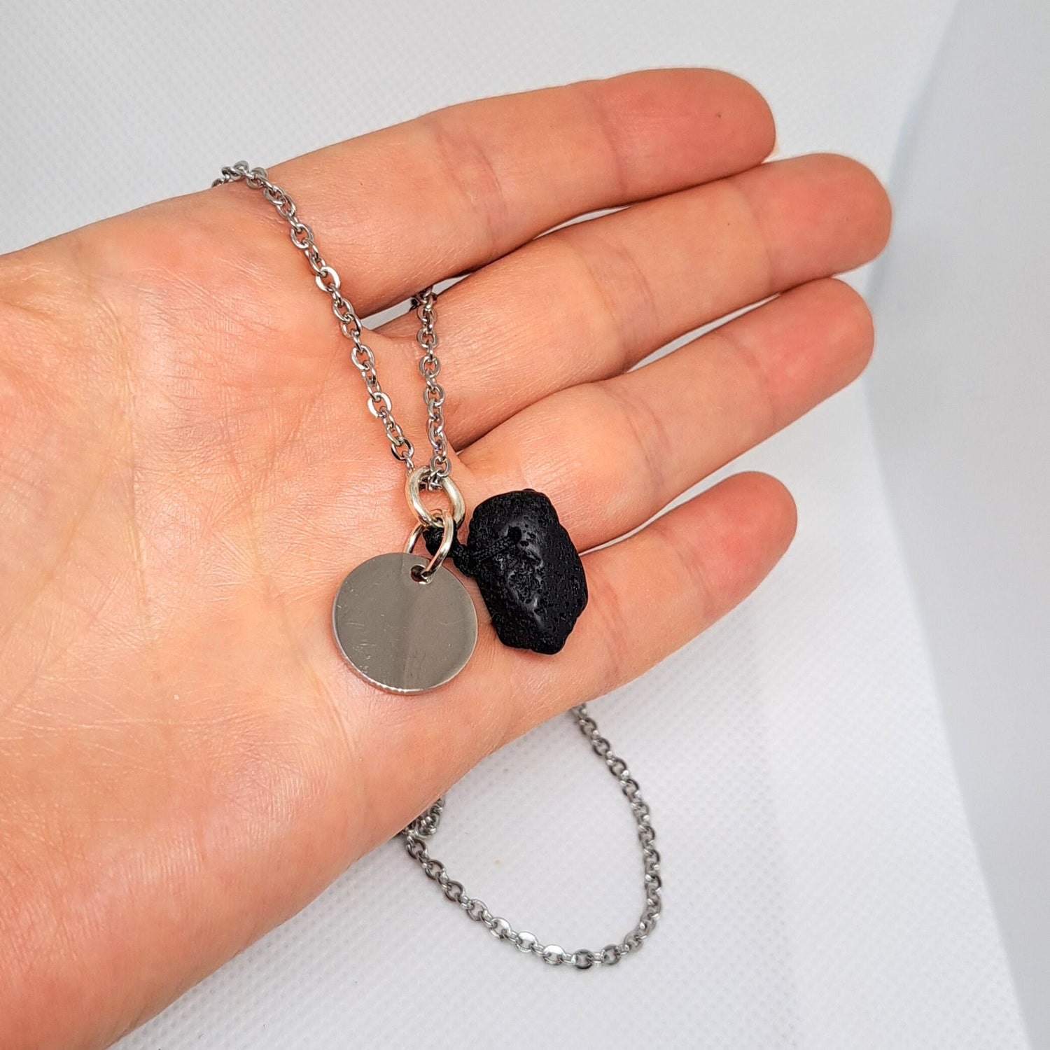 Personalized  Charm Essential Oil Diffuser Necklace Black Lava Stone/Rock Necklace, Initial Charm, Aromatherapy Jewelry and Gifts For Women