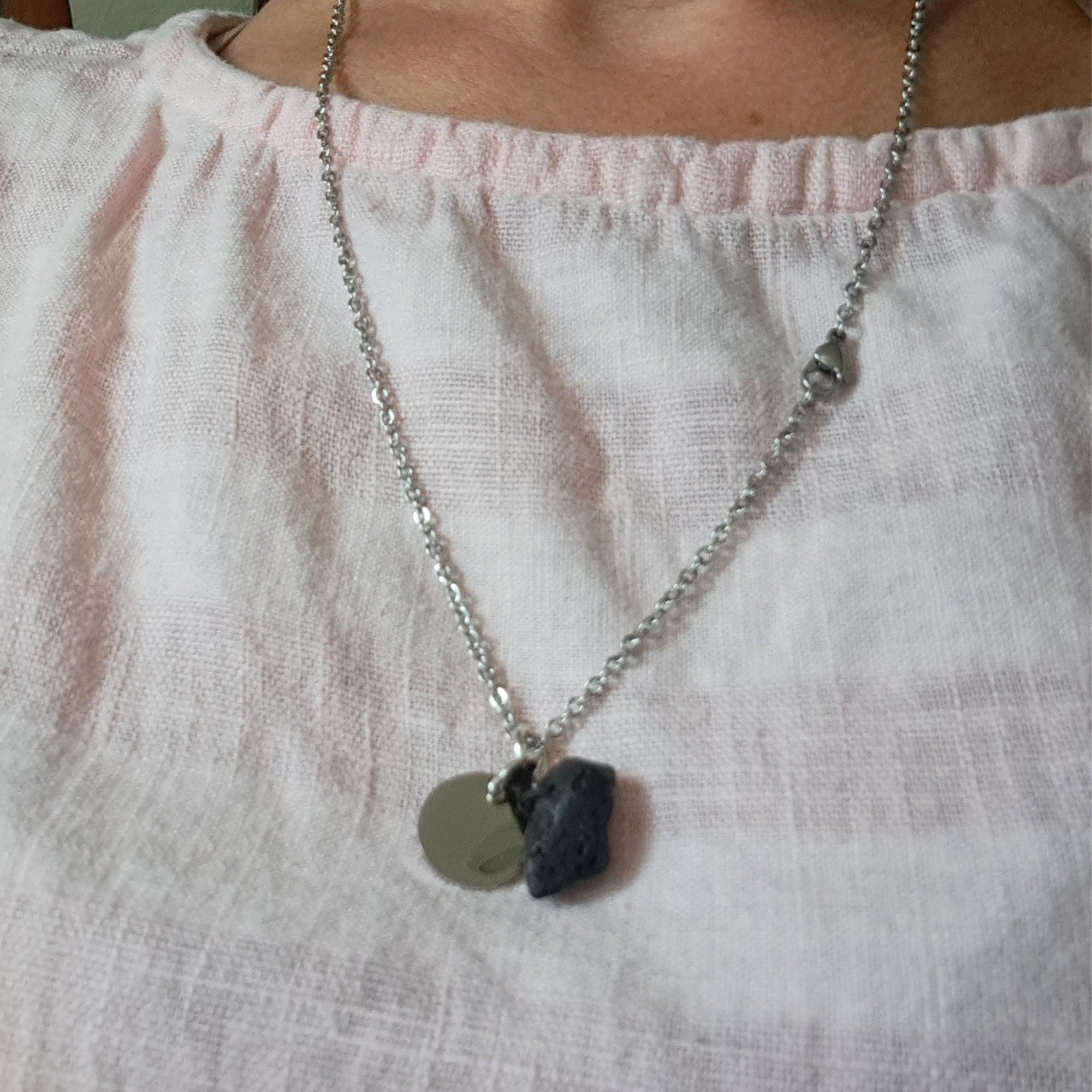 Personalized  Charm Essential Oil Diffuser Necklace Black Lava Stone/Rock Necklace, Initial Charm, Aromatherapy Jewelry and Gifts For Women