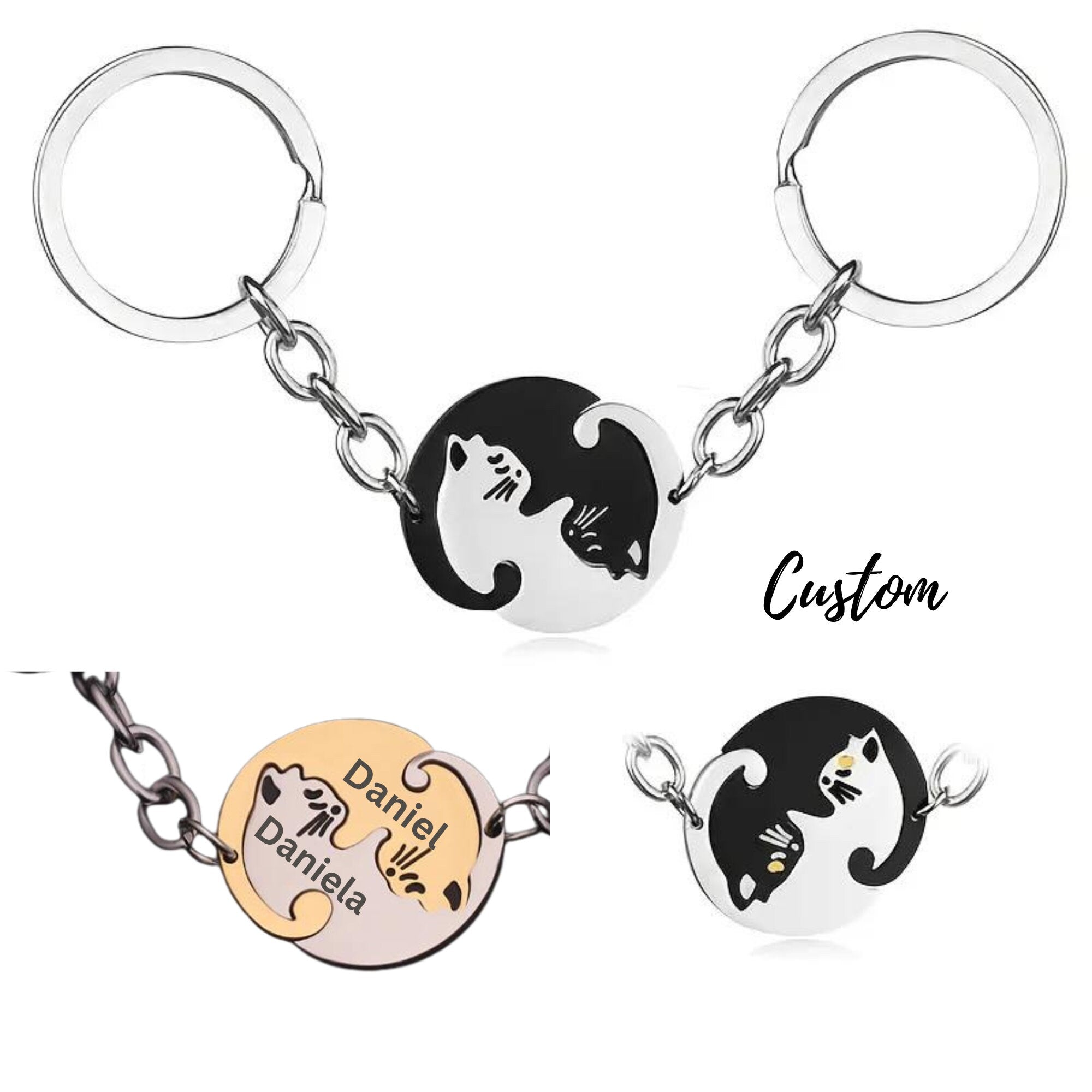 Personalized Cat Keychain, Couple Engraved, Cute Puzzle Cat Pendant Set, Valentine&