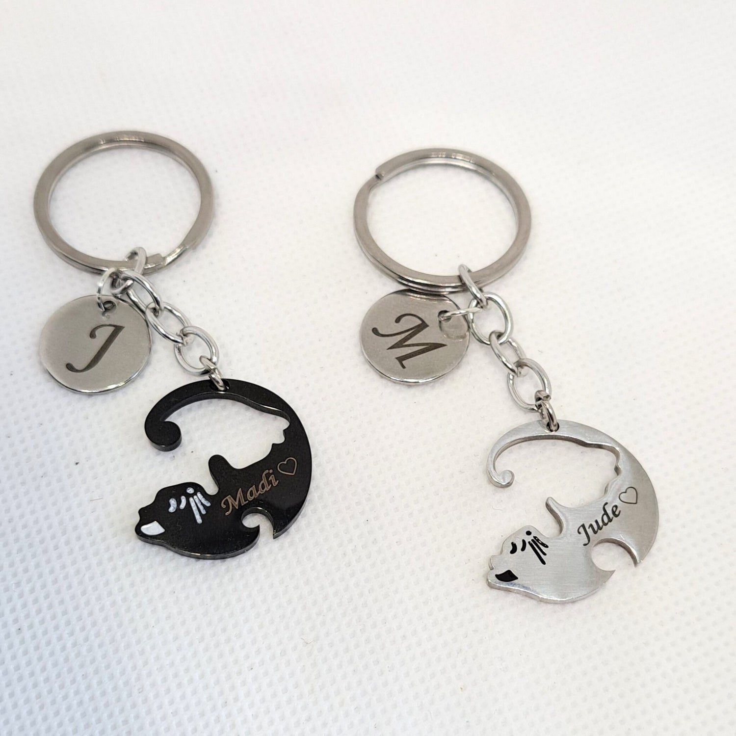 Personalized Cat Keychain, Couple Engraved, Cute Puzzle Cat Pendant Set, Valentine&