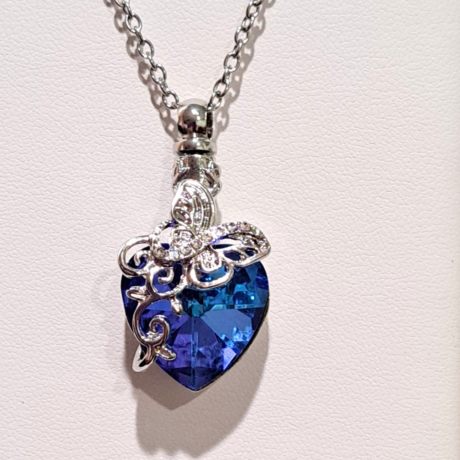 Blue Butterfly Heart Cremation Necklace, Urn, Memorial, Keepsake, Love, Ashes Stainless Ash Urn Fill Kit