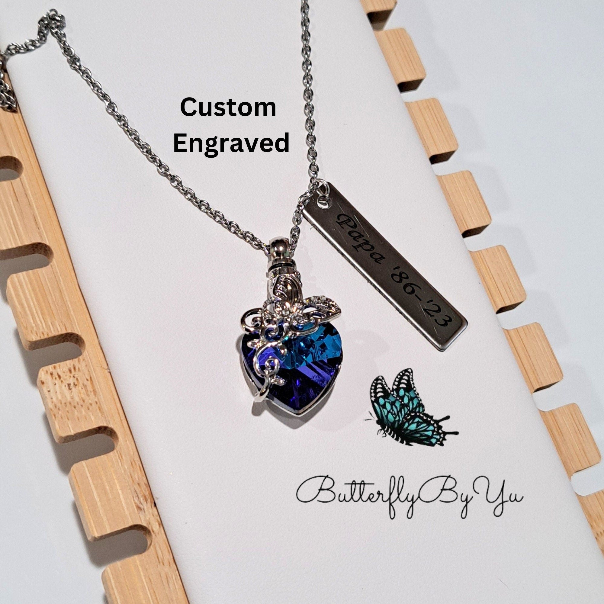 Blue Butterfly Heart Cremation Necklace, Urn, Memorial, Keepsake, Love, Ashes Stainless Ash Urn Fill Kit