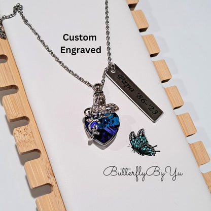 Blue Butterfly Heart Cremation Necklace, Urn, Memorial, Keepsake, Love, Ashes Stainless Ash Urn Fill Kit