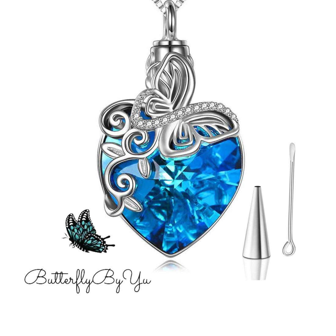 Blue Butterfly Heart Cremation Necklace, Urn, Memorial, Keepsake, Love, Ashes Stainless Ash Urn Fill Kit